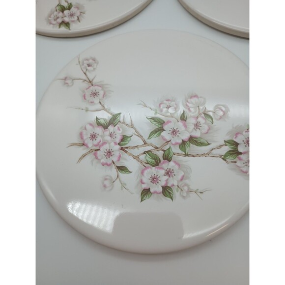 Vtg Mid-State Ceramic Trivets Cherry Spring Blossom 6"Round Set Of 5 - Picture 4 of 7
